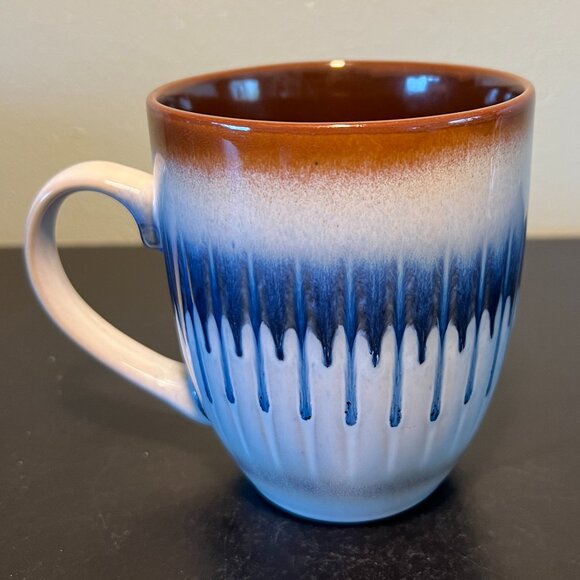 Drip Glazed Ribbed Ceramic Mug in Brown, White and Cobalt Blue - Picture 1 of 6